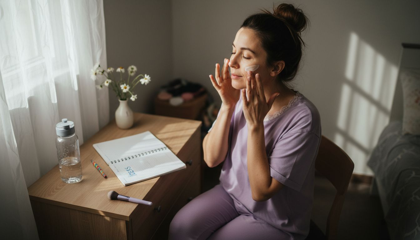 Mujer dedicando tiempo a su rutina de cuidado facial para lucir radiante frente al espejo.