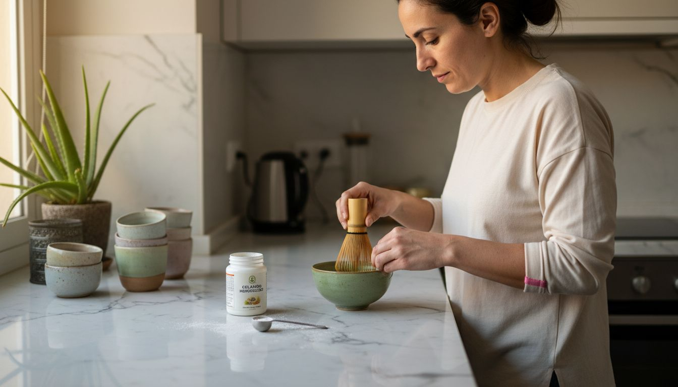 Una mujer prepara una taza de matcha mientras tiene a mano un frasco de colágeno.